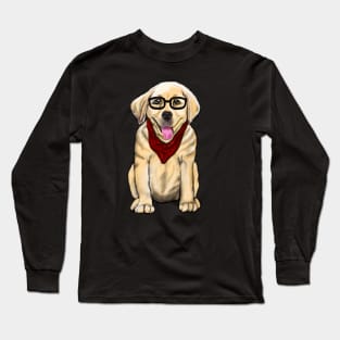 Dog wearing glasses and red scarf cute Golden Labrador retriever puppy dog Long Sleeve T-Shirt